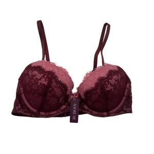 Adore Me Bra 32C Lace Push Up Balconette Underwire Back Closure Pink/Burgundy
